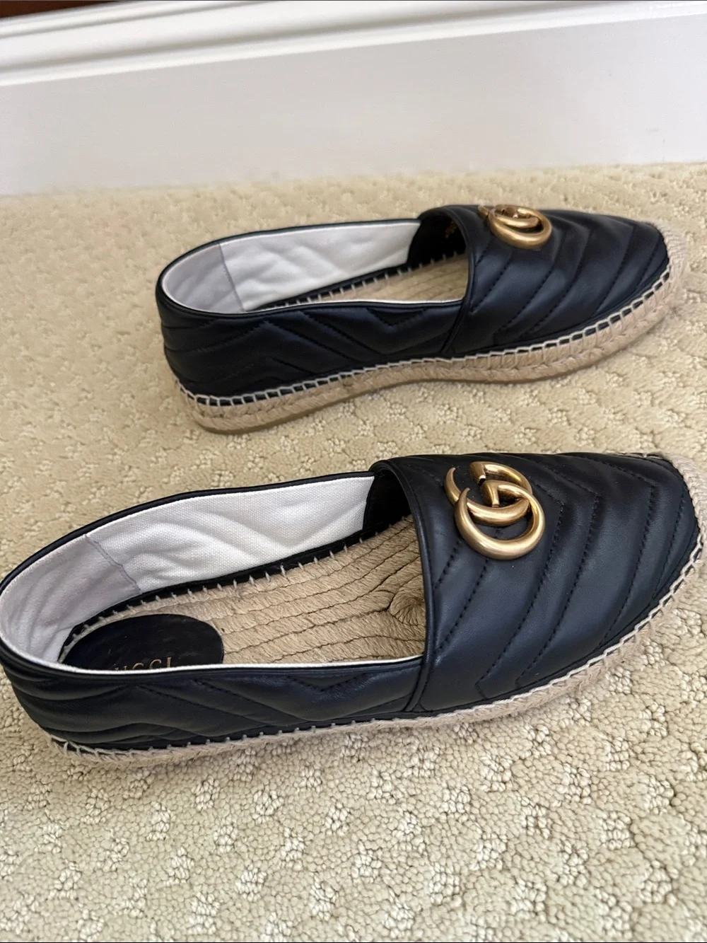 Gucci Black Quilted Leather Espadrilles with Gold Double G